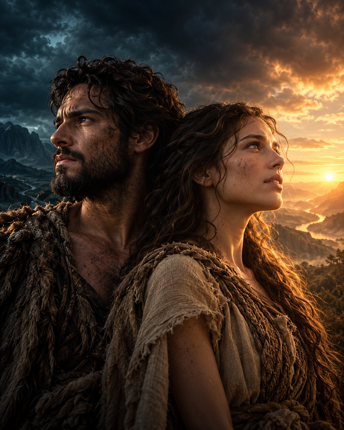 Cinematic portrait of adult Adam and Eve looking toward storm and sunrise