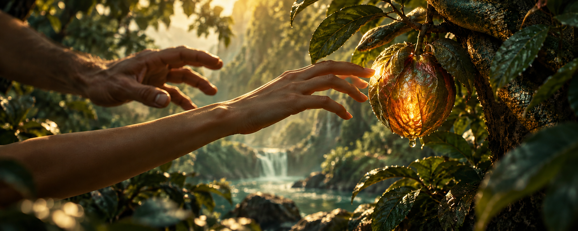 A serpent watches from a branch beside a strange luminous fruit as two adult hands approach in Eden